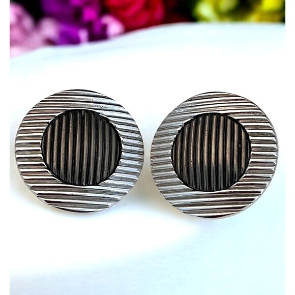Vintage Givenchy Earrings Silver & Hematite Tones Textured Design Clip On  5F - Picture 1 of 3